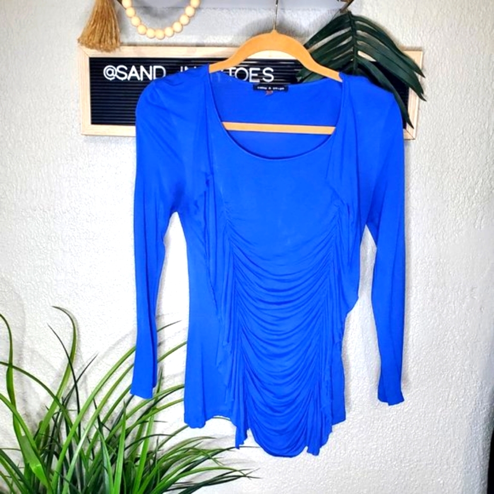 Cable & Gauge Blue Long Sleeve Scoop Neck Ruched Blouse Size S/M